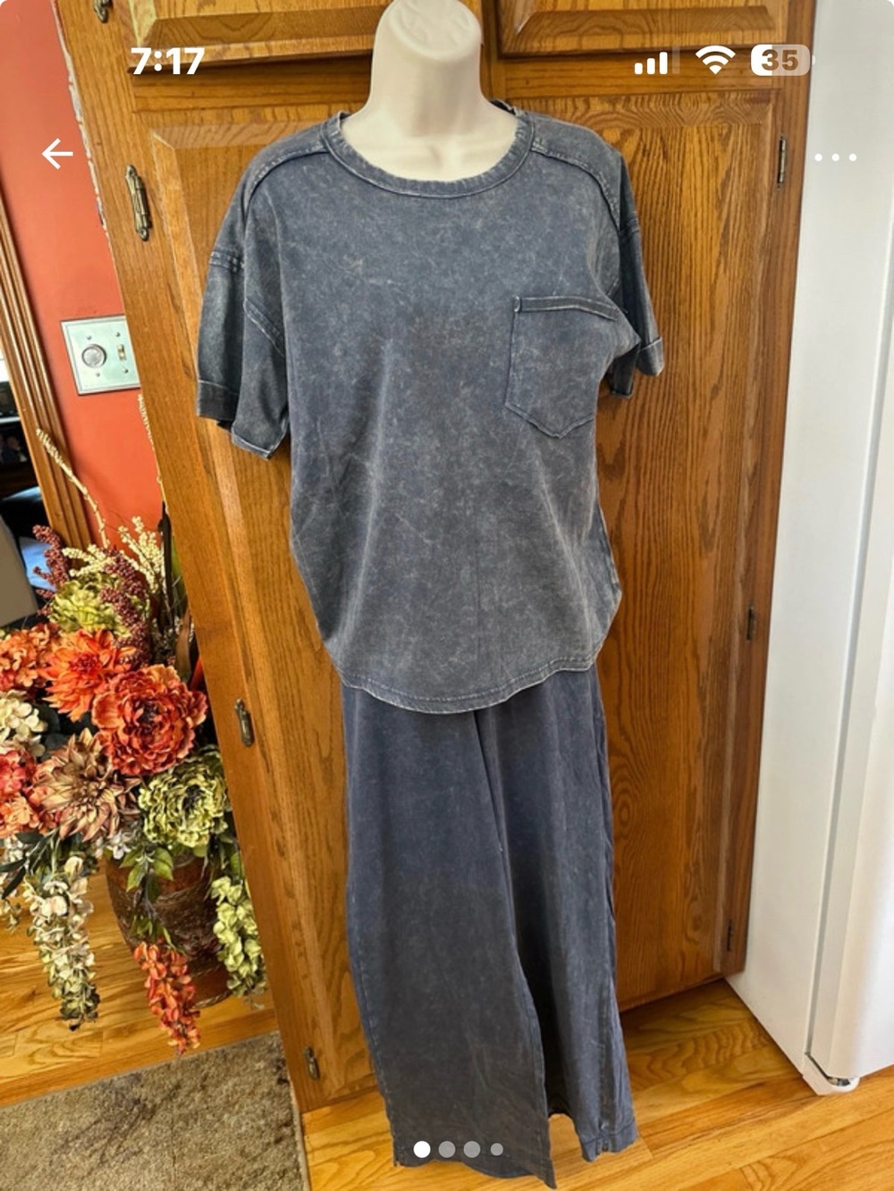 Washed Charcoal small Two-Piece Lounge  Set - Pocket Tee + Wide Pants